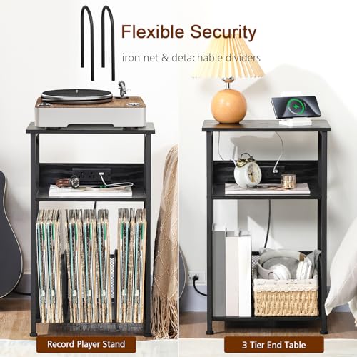 Record Player Stand with Charging Station, Vinyl Record Storage, view 7