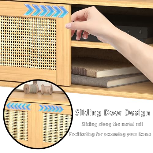 Boho TV Stand for 55 65 Inch TV, Rattan Entertainment Center with Shelves, Cabinets and Sliding Doors, TV Media Console Table with Solid Wood Feet & Cord Holes for Living Room, Bedroom, Natural