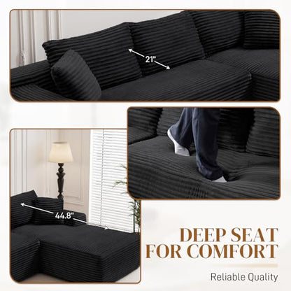 95" L Shaped Boneless Sectional Couches, Wide Armrest, Deep Seat, Memory Foam, Assembly Free, Modern Comfy Corduroy Fluffy Cloud Sofa with Right Chaise for Living Room, Small Spaces, Black
