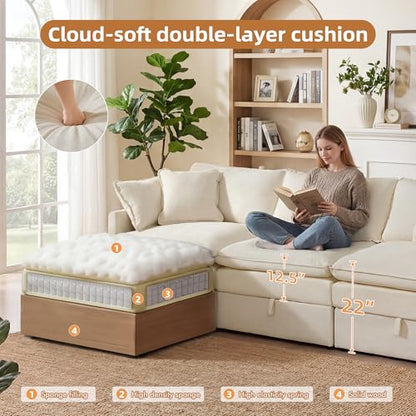 Modular Sectional Sofa with Storage Ottomans,102" L-Shaped Cloud Couch,Comfy Modern Couches with Pillows & Upholstered Deep Seat Cushion for Apartment Living Room Bedroom（Beige）