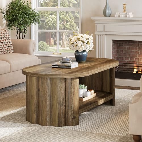 47.24" Oval Coffee Table, 2-Tier Coffee Table with Storage Shelf, Farmhouse Wooden Accent Center Tables with Dual Base for Living Room Bedroom Apartment