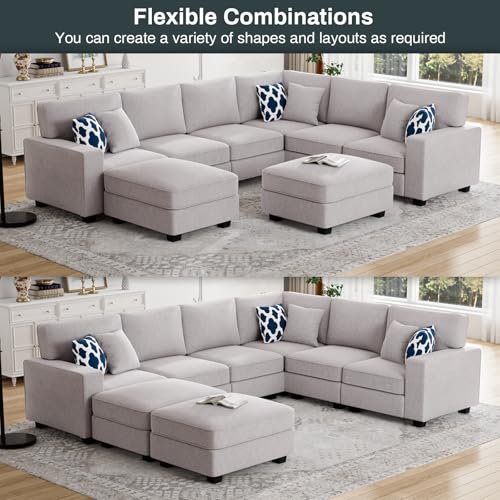 Oversized Modular Sectional Sofa,U/L‑Shaped Reversible Couch with Ottoman,Deep Seat Plush Polyester Sofa for Living Room,8‑Seater,Light Grey