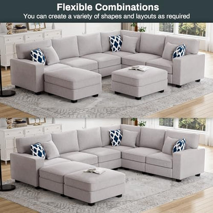 Oversized Modular Sectional Sofa,U/L‑Shaped Reversible Couch with Ottoman,Deep Seat Plush Polyester Sofa for Living Room,8‑Seater,Light Grey