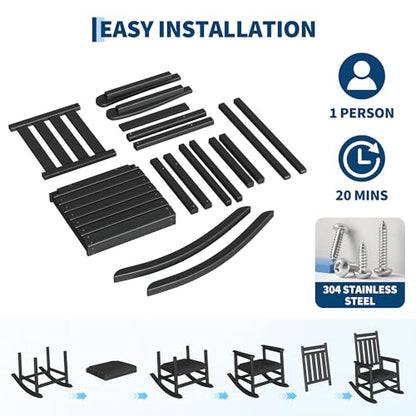 HDPE Rocking Chair Outdoor Set of 2 with Side Table - Poly High Back Porch Rocker Chairs for Adults - All Weather Resistant Furniture for Patio Front Porch - Black