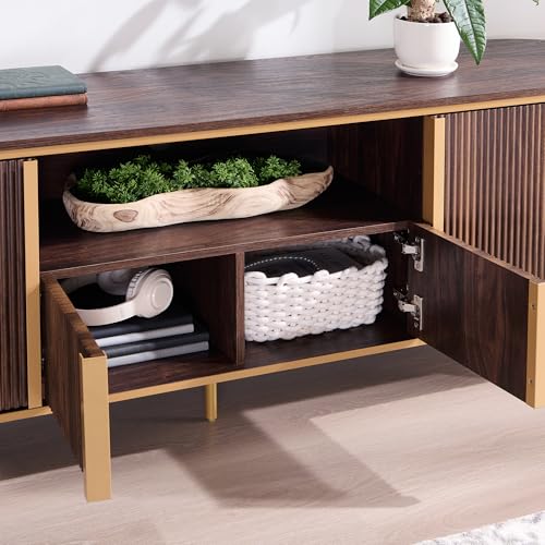 70" Fluted TV Stand with Storage, Faux Marble Top Entertainment Center for TVs Up to 80", Modern Curved Edge Media Console Cabinet for Living Room, Dark Walnut