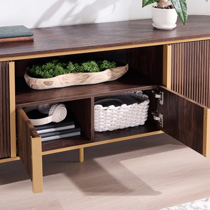 70" Fluted TV Stand with Storage, Faux Marble Top Entertainment Center for TVs Up to 80", Modern Curved Edge Media Console Cabinet for Living Room, Dark Walnut