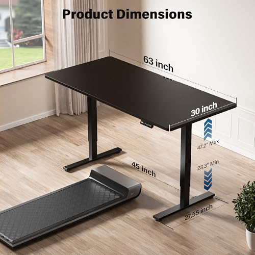Electric Standing Desk, 63 x 30 Inch Extra Large Desktop, Adjustable Height Sit Stand Desk, Home Office Workstation for Dual & Triple Monitor, Classic Black