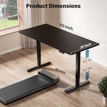 Electric Standing Desk, 63 x 30 Inch Extra Large Desktop, Adjustable Height Sit Stand Desk, Home Office Workstation for Dual & Triple Monitor, Classic Black