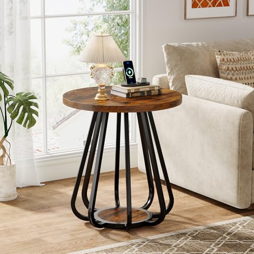 Tribesigns Round End Table with Storage, 2-Tier Side Table with Metal Frame and Lower Shelf, Small Accent Table Nightstand for Living Room, Bedroom, Small Spaces, Vintage Brown & Black