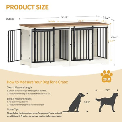 53.3" Dog Crate Furniture for 2 Dogs, Double Dog Cage with Divider, Wooden Heavy Duty Dogs Kennel, Pet Cage with Barn Door, TV Stand for Large Small Medium Pet, White Brown DFC88314B