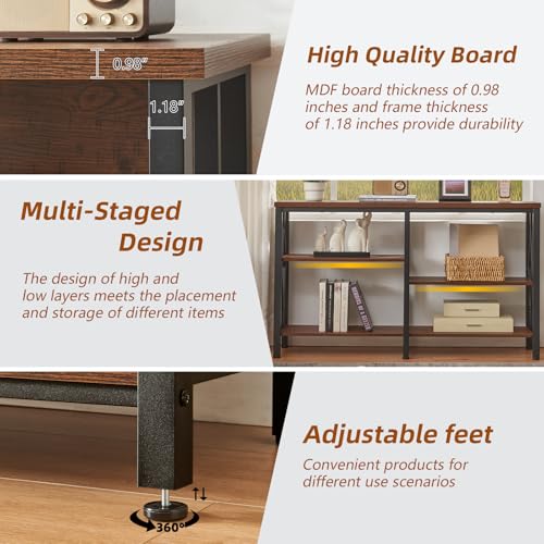 Console Sofa Table, Rustic Entryway Table with Metal Frame and Open Shelves, Industrial Hallway Table with 3 Tier for Entry, Living Room, Foyer,Brown,47 inch