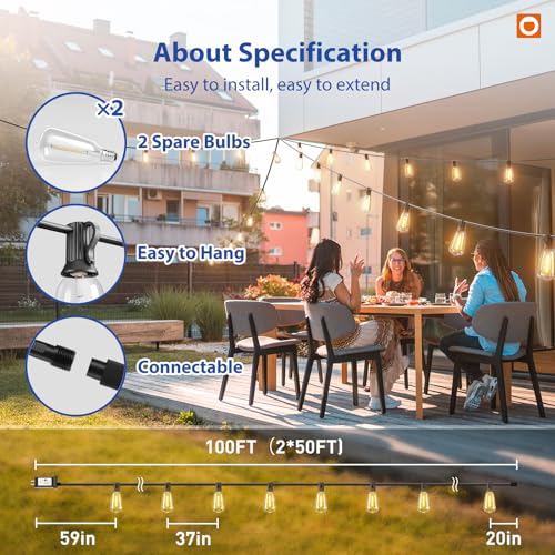 100FT LED Outdoor String Lights with Remote Waterproof Patio Lights with, view 7