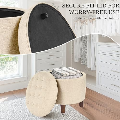 19" Button Tufted Round Storage Ottoman - Tan Woven