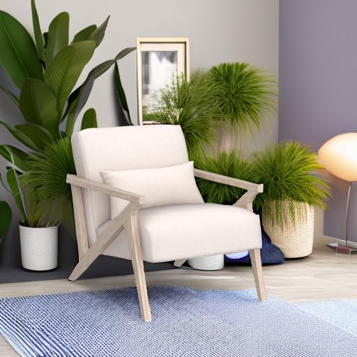 Mid Century Modern Chair with Wood Frame, Upholstered Armchair with Waist Cushion, Accent Chair for Living Room Bedroom Apartment, Easy Assembly, Beige