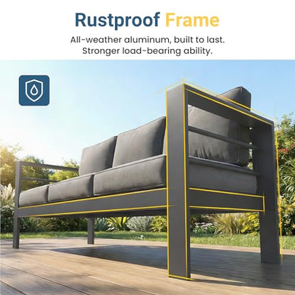 Aluminum Outdoor Patio Furniture Set, Oversized Patio Conversation Sets with Deep Seating and Wide Armrest, Outdoor Sectional Metal Sofa with 5 Inch Cushion and Coffee Table, Dark Grey