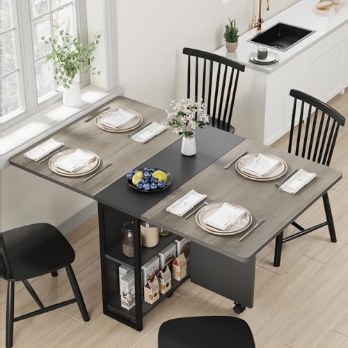 FoldingTable, Drop Leaf Dining Table with 6 Wheels and 2-Layer Storage Shelf, Space Saving Table for Small Spaces (Slate Oak, 50.1" D x 31.4" W x 29.5" H)