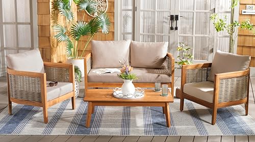SAFAVIEH Outdoor Patio Furniture - Amanda 4-Piece Set - Sand & Taupe - Acacia Wood - Coastal, Conversation Set with Detachable Cushion Covers - Ideal for Patio, Deck, Porch, Backyard (PAT9512A-KIT2)