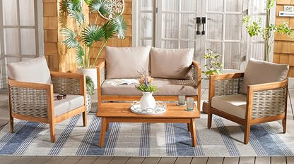 SAFAVIEH Outdoor Patio Furniture - Amanda 4-Piece Set - Sand & Taupe - Acacia Wood - Coastal, Conversation Set with Detachable Cushion Covers - Ideal for Patio, Deck, Porch, Backyard (PAT9512A-KIT2)