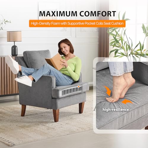 Mid-Century Accent Chairs, Light Grey Upholstered Armchair Comfy Sofa Chair Reading Chair High Back Living Room Bedroom Furniture for Apartment