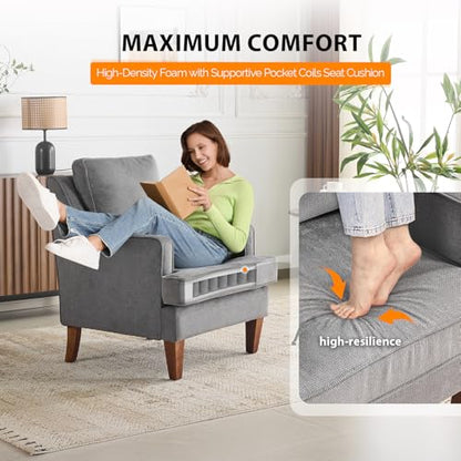 Mid-Century Accent Chairs, Light Grey Upholstered Armchair Comfy Sofa Chair Reading Chair High Back Living Room Bedroom Furniture for Apartment