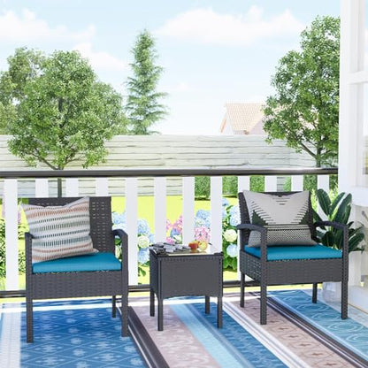 3 Pieces Outdoor Patio Furniture Set, Small Wicker Bistro Conversation Set for Porch and Balcony, All Weather PE Rattan Chairs with Table, Backyard Garden Furniture (Blue)