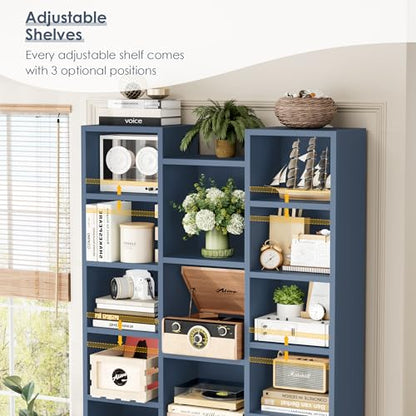 71'' Tall Bookshelf with 21 Cubes, 8 Tier Triple Wide Bookshelf with 8 Adjustable Shelves, 35" Large Bookcase DVD/CD Media Tower Storage, Freestanding Display Shelf Cabinet, Blue