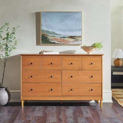 Modern 6-Drawer Solid Wood Dresser Bedroom Storage, 57 Inch, Caramel