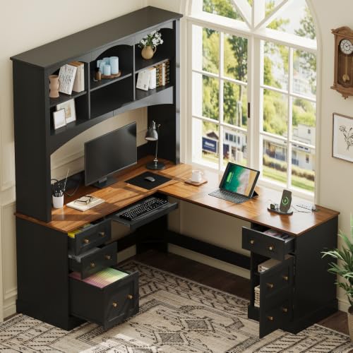 68.9" L Farmhouse L-Shaped Computer Desk Corner Desk with Hutch, view 2