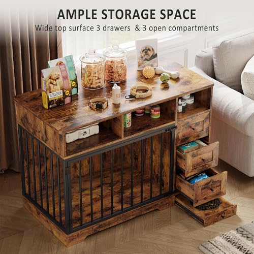 48'' Dog Crate Furniture with Bowl, Medium Dog Cage, Retro Brown, view 4