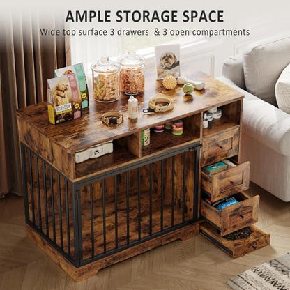 48'' Dog Crate Furniture with Bowl, Medium Dog Cage, Retro Brown, view 4