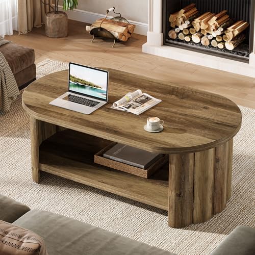47.24" Oval Coffee Table, 2-Tier Coffee Table with Storage Shelf, Farmhouse Wooden Accent Center Tables with Dual Base for Living Room Bedroom Apartment