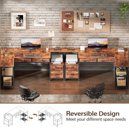 57" L Shaped Computer Desk with Power Outlet, Drawers, Rustic Brown, view 5