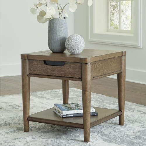 Signature Design by Ashley Roanhowe Contemporary 1-Drawer End Table with Open Lower Shelf, Light Brown