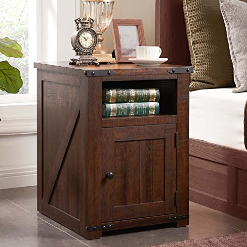 Nightstand with Charging Station, 20" Farmhouse End Table w/Groove Barn Door, Rustic Wood Sofa Side Bedside Table w/Open & Adjustable Shlef for Bedroom, Living Room, Brown