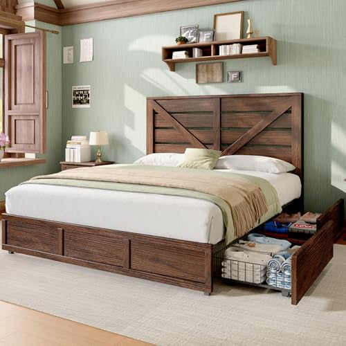 King Size Farmhouse Storage Bed Frame with Headboard & 4 Drawers, view 2