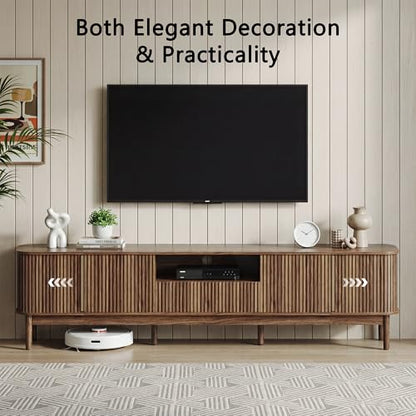 86in Fluted Walnut TV Stand for 85 Inch TV, Mid Century Media Console Table, view 4