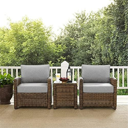 Crosley Furniture KO70052WB-GY Bradenton Outdoor Wicker 3-Piece Seating Set (2 Arm Chairs, Side Table), Weathered Brown with Gray Cushions