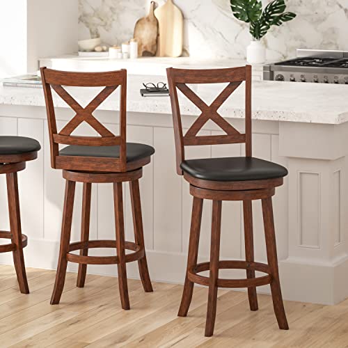 Sora Crossback Swivel Bar Height Stool - Antique Oak Finish - 30" H Padded Black Faux Leather Seat - 360° Swivel - Integrated Footrest