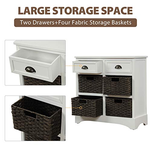 Storage Cabinet with 4 Classic Rattan Basket & 2 Drawers,for Living Room,Bedroom(28"L x 11.8"W x 28"H). (White)