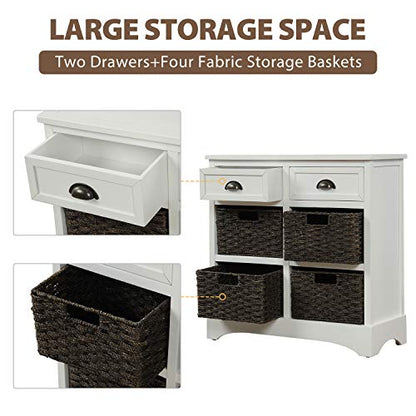 Storage Cabinet with 4 Classic Rattan Basket & 2 Drawers,for Living Room,Bedroom(28"L x 11.8"W x 28"H). (White)