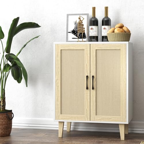 Buffet Cabinet Sideboard with Rattan Decorated Doors Kitchen Storage Cupboard Accent Cabinet (White)