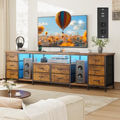 75.5" Long TV Stand for 85/80/75" TVs with LED, Power Outlets & 10 Drawers | Rustic Brown Television Stands with 2 Separate Wood Shelves, Spacious Storage,Sturdy Metal Frame for Bedroom Living Room