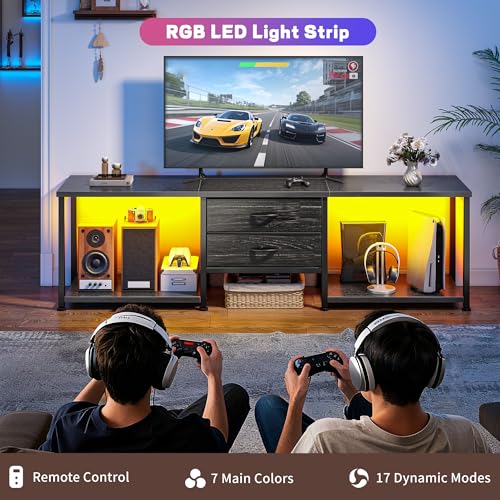 TV Stand for 75 Inch TV with Light & Storage Shelves for Living Room, Black, view 5
