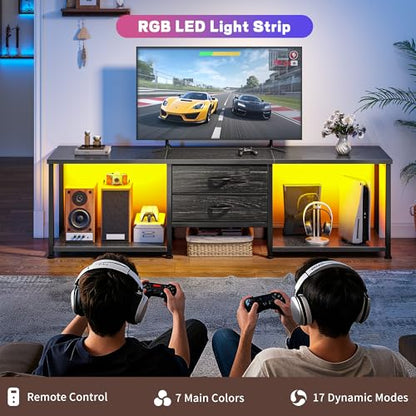 TV Stand for 75 Inch TV with Light & Storage Shelves for Living Room, Black, view 5