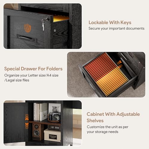 L Shaped Farmhouse Executive Desk with Drawers, 67" Home Office Desks with Fast Charging Station, Lockable File Cabinet, Wood Writing Computer Desk for Work, Study, Black