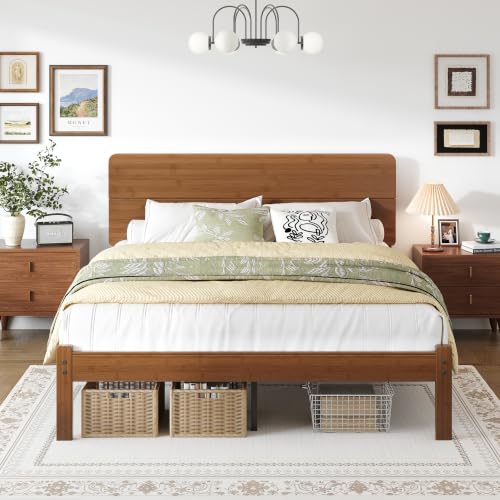 14" Queen Size Bamboo Wood Platform Bed Frame with Headboard, Brown, view 8