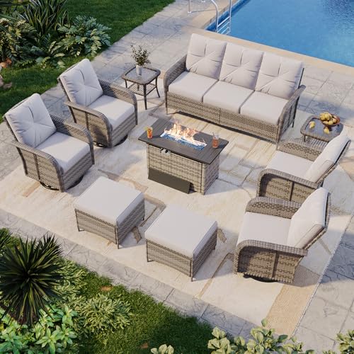 10-Piece Patio Furniture Set with 44” Fire Pit Table, Wicker Rattan Outdoor Sectional Sofa with High Back Swivel Rocker Chairs, Outdoor Patio Furniture Set with Thick Cushions & Ottoman, Grey