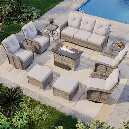 10-Piece Patio Furniture Set with 44” Fire Pit Table, Wicker Rattan Outdoor Sectional Sofa with High Back Swivel Rocker Chairs, Outdoor Patio Furniture Set with Thick Cushions & Ottoman, Grey