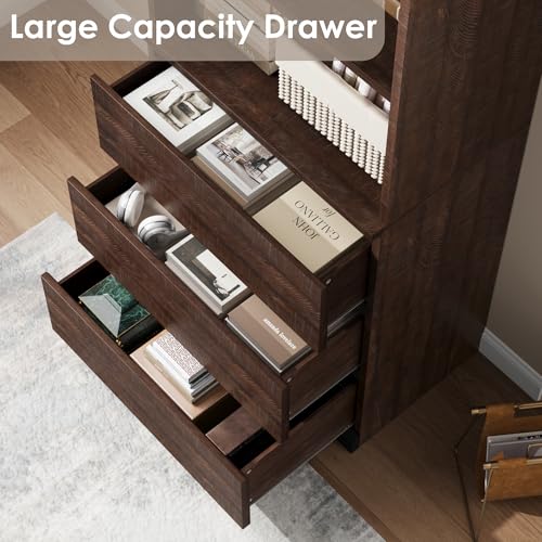 70" Tall Bookcase with Drawers, Bookshelf w/ 3 Tier Open Shelves & 3 Storage Drawers, Modern Deep Storage Book Shelf Storage Cabinet Organizer for Living Room Office Library (Brown)