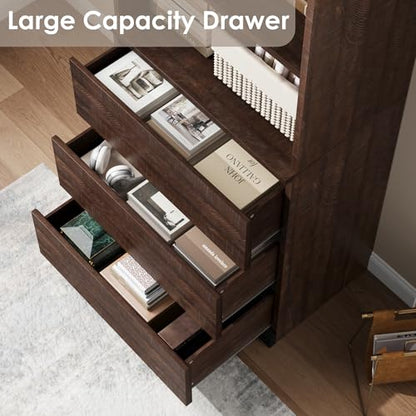 70" Tall Bookcase with Drawers, Bookshelf w/ 3 Tier Open Shelves & 3 Storage Drawers, Modern Deep Storage Book Shelf Storage Cabinet Organizer for Living Room Office Library (Brown)